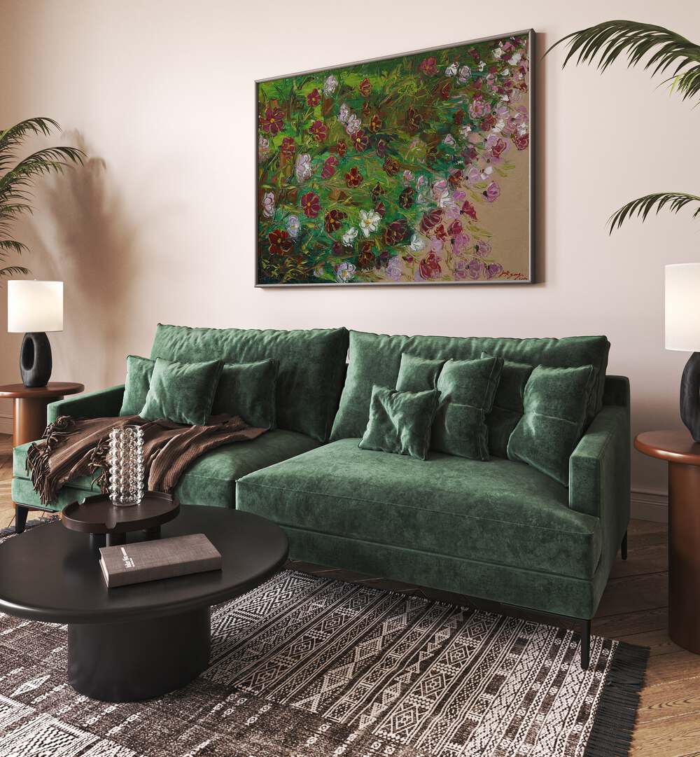 Vibrant COSMOS CANVAS, FLORAL FLOWER PAINTINGS enhancing a modern living room with lush green decor.