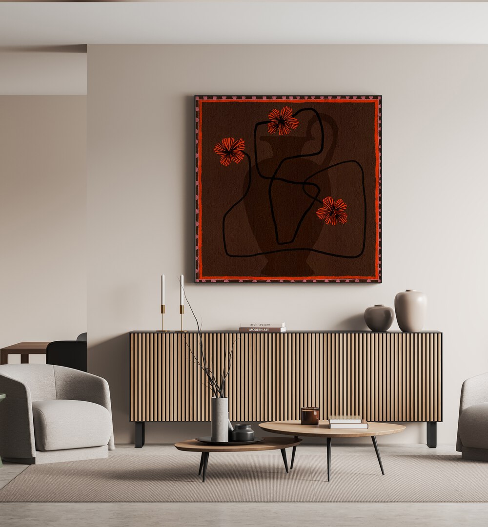 Stylish interior featuring OUT OF VASE BLOOMS III, FLORAL FLOWER PAINTINGS, enhancing modern decor with vibrant blooms.