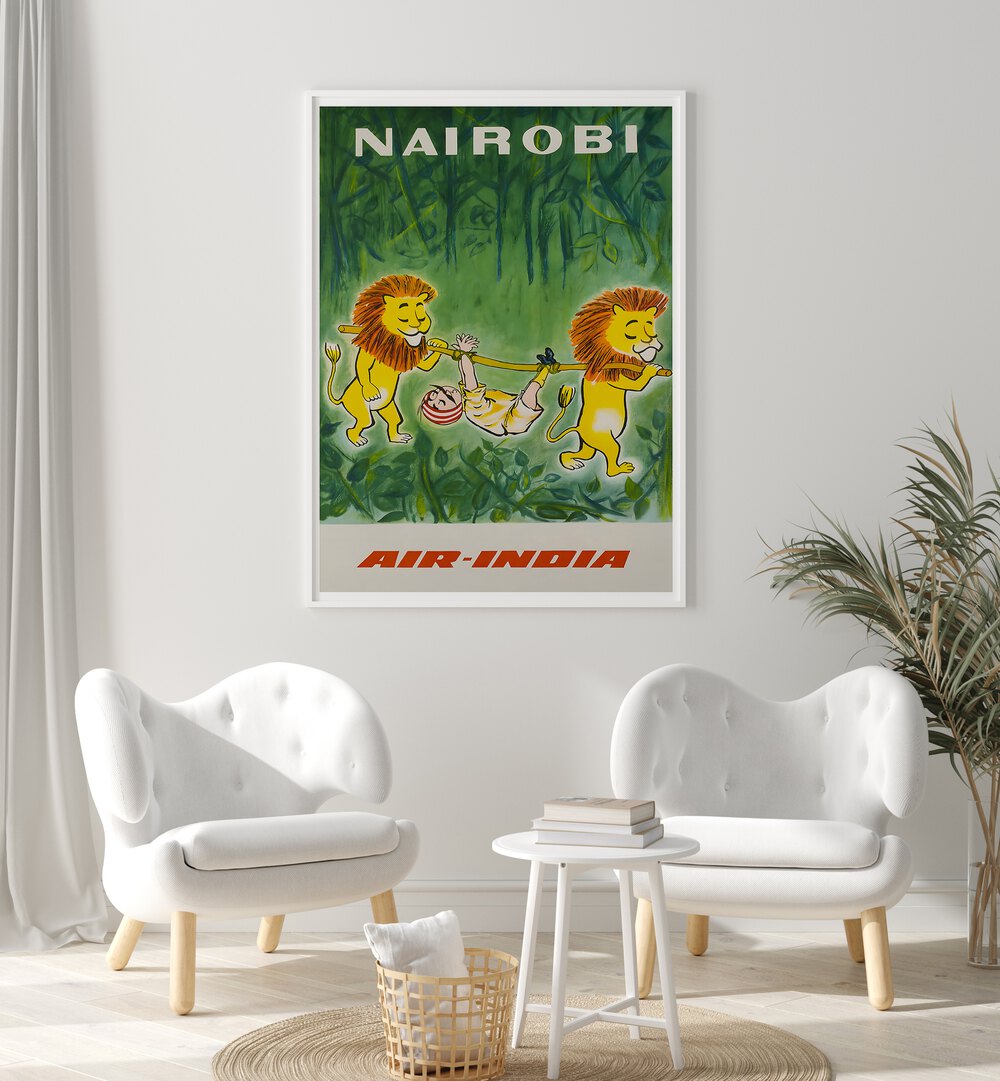 Colorful NAIROBI I, VINTAGE TRAVEL POSTERS showcasing playful lions, perfect for travel enthusiasts and art lovers.