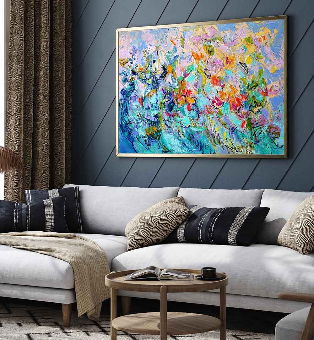 Framed canvas above sofa: RADIANT FLORAL HARMONY , FLORAL FLOWER PAINTINGS with vibrant abstract blooms
