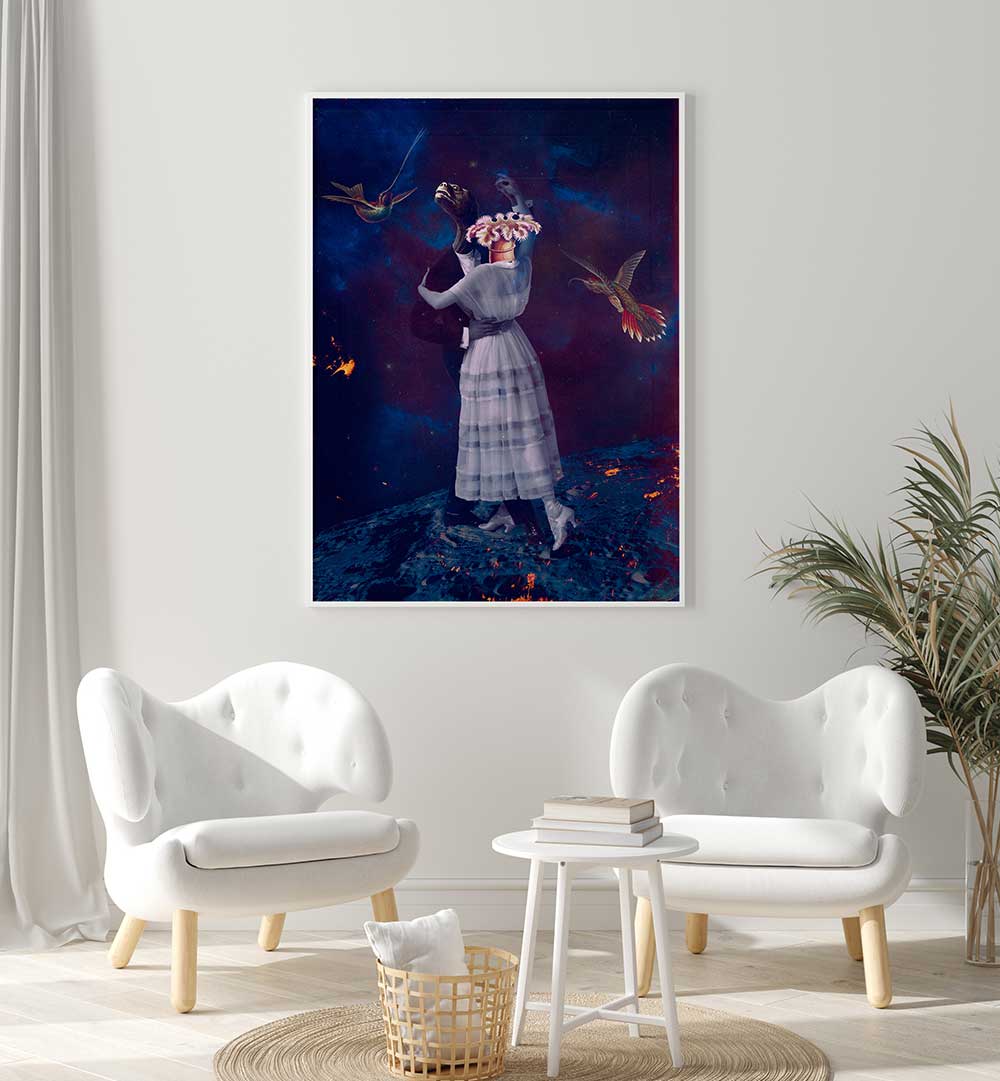 Elegant SLOW MOTION, SURREAL ART PRINTS featuring a whimsical scene with a couple and vibrant birds in a dreamy setting.