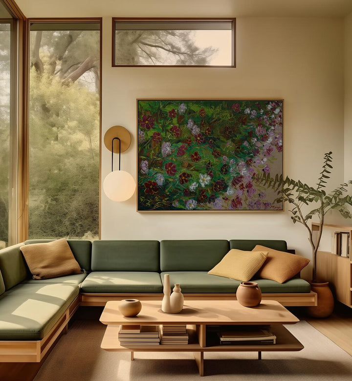 Vibrant COSMOS CANVAS, FLORAL FLOWER PAINTINGS brighten a modern living room with lush greenery and stylish decor.