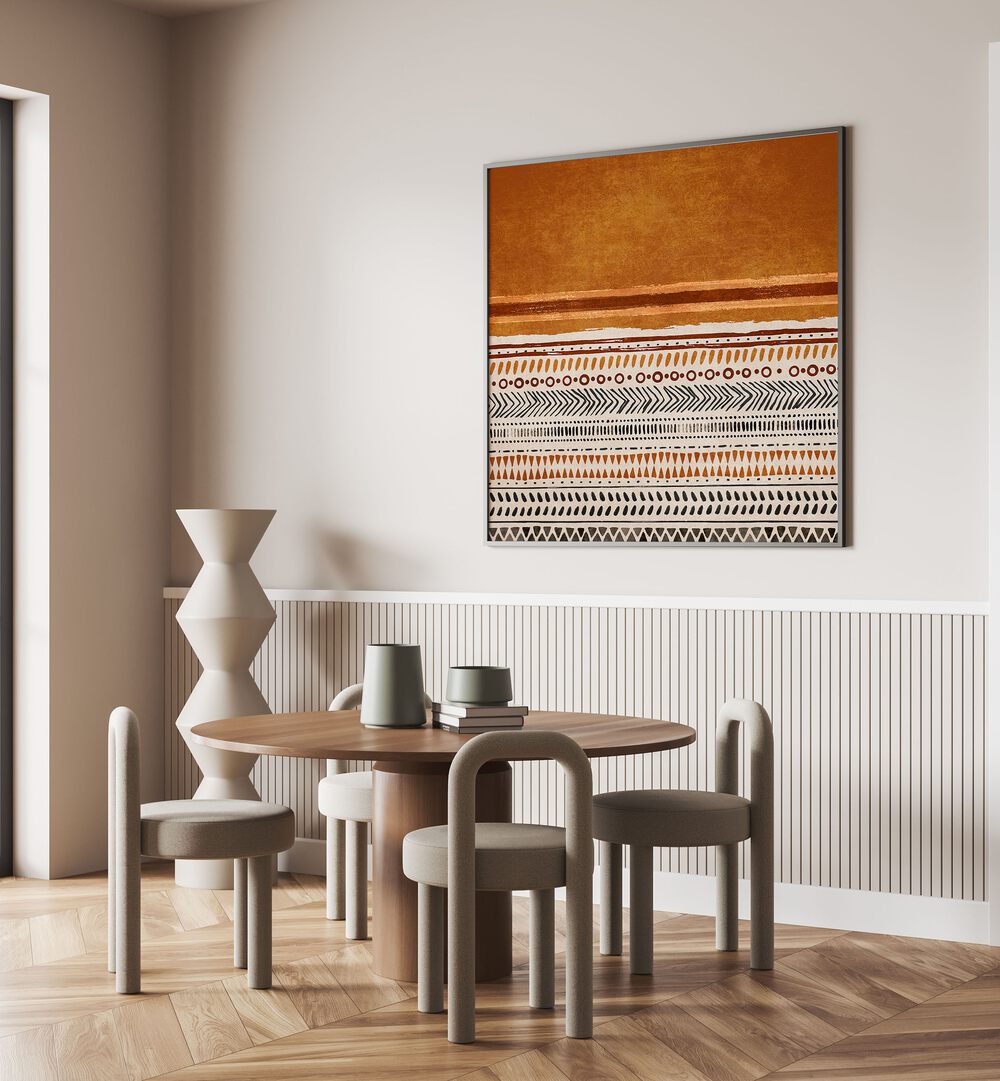 Stylish interior featuring KILIM TURUNCU II, BOHO ART PAINTINGS by Emel Tunaboylu, enhancing modern decor.