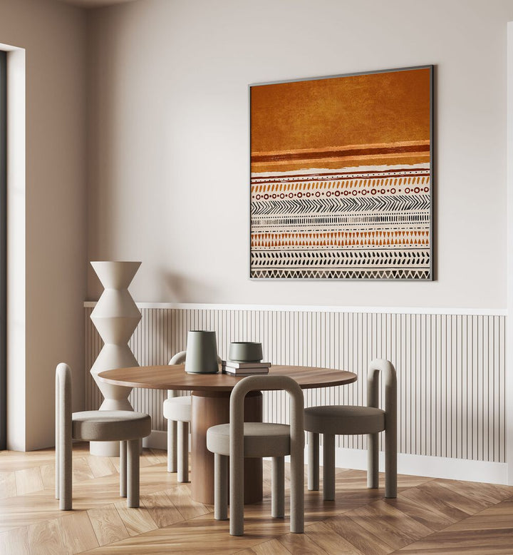 Stylish interior featuring KILIM TURUNCU II, BOHO ART PAINTINGS by Emel Tunaboylu, enhancing modern decor.