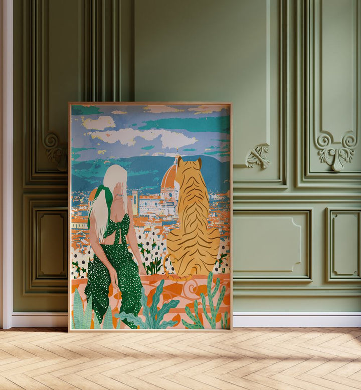 Bright illustration from "THE ITALIAN VIEW , PORTRAITS" featuring a woman and tiger against a scenic Italian backdrop.