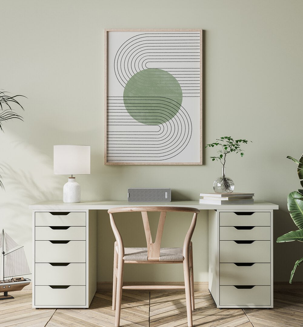 Stylish workspace featuring GREEN BALANCE NO.V, BOHO ART PAINTINGS, enhancing tranquility and elegance in decor.