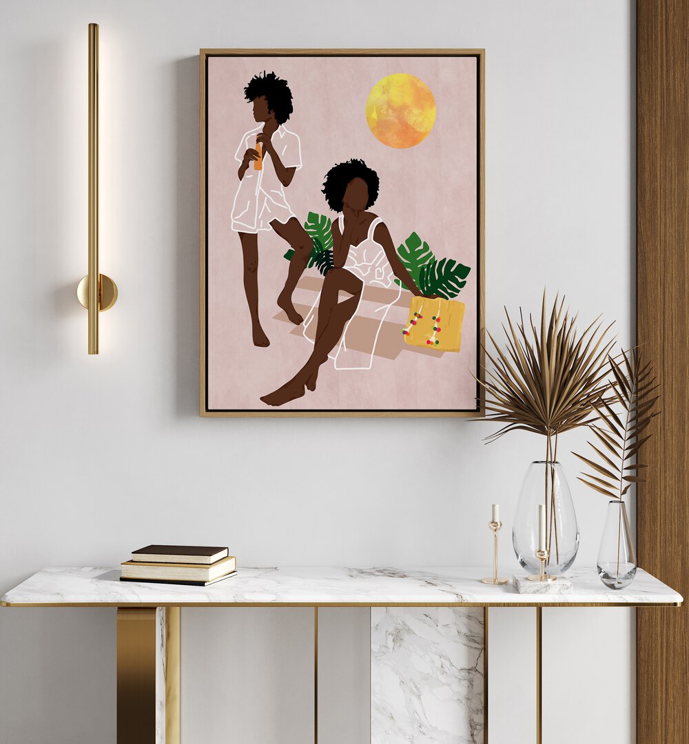 Elegant SUNLIT QUEENS, BOHO ART PAINTINGS adorn a modern space, showcasing vibrant colors and stylish decor.