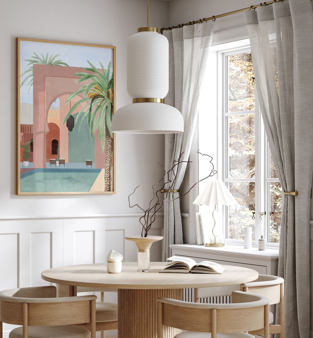 Bright living space showcasing MOROCCAN POOL, BOHO ART PAINTINGS with vibrant colors and intricate designs.