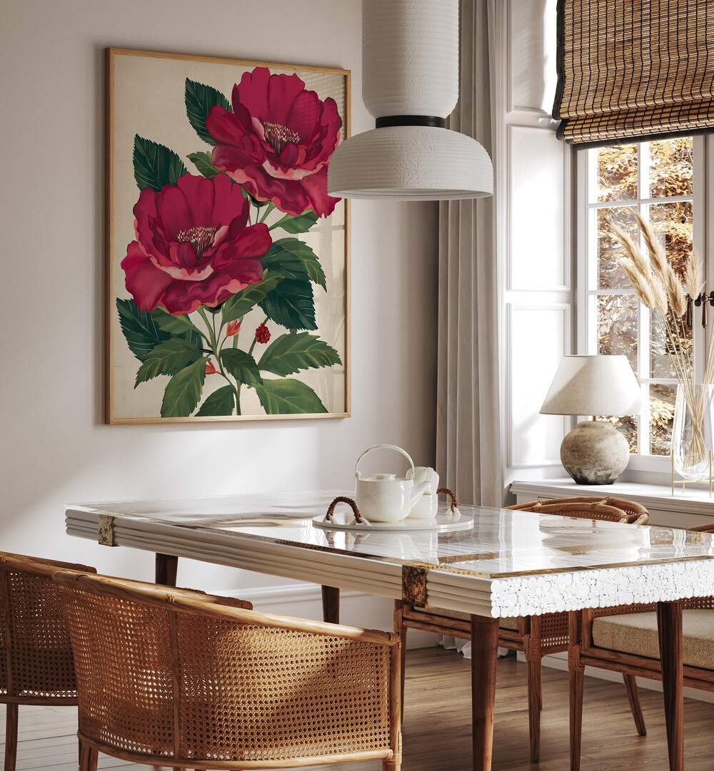 Elegant “ROSE OF PROVIDENCE, FLORAL FLOWER PAINTINGS” enhancing a stylish dining space, symbolizing hope and beauty.