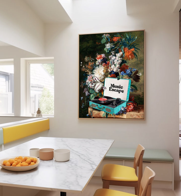 Vibrant MUSIC ESCAPE, FLORAL FLOWER PAINTINGS by Dikhotomy adorn a stylish room, blending art and music harmoniously.