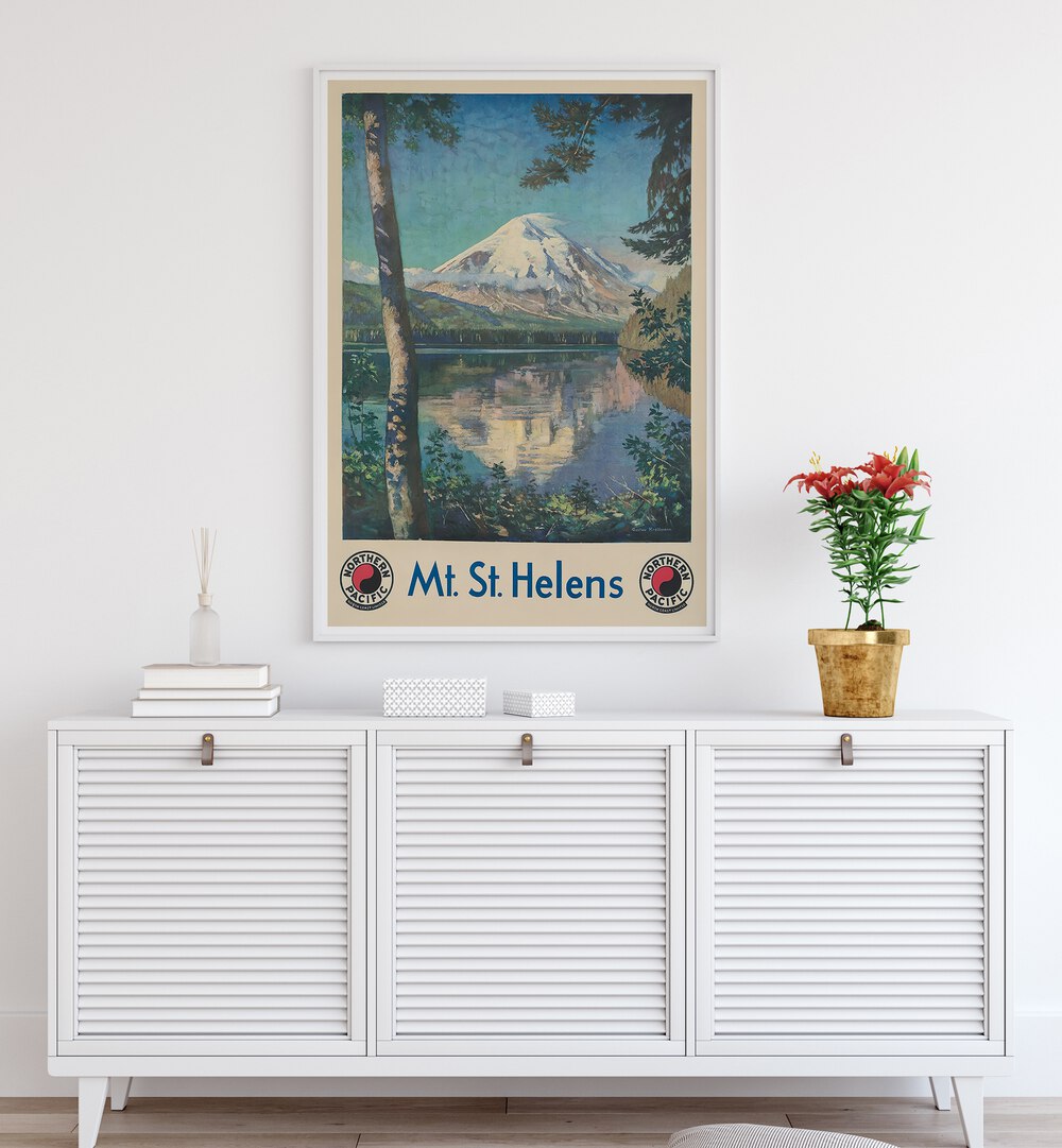 MT ST HELENS, VINTAGE TRAVEL POSTERS beautifully showcase the iconic volcano's landscapes in a nostalgic setting.