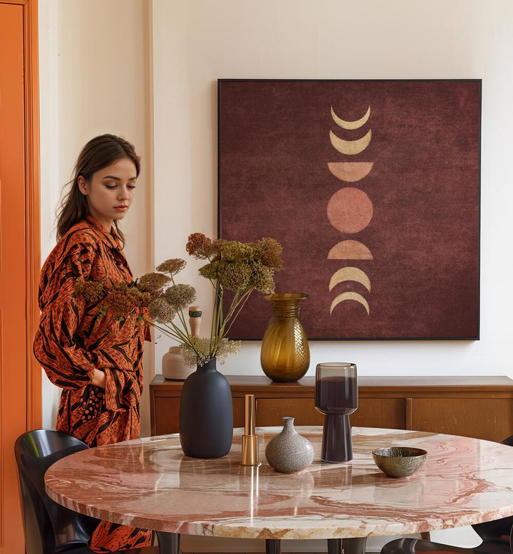 Transform your space with VISNE MOON PHASES III, BOHO ART PAINTINGS by Emel Tunaboylu, showcasing stunning moon phases.
