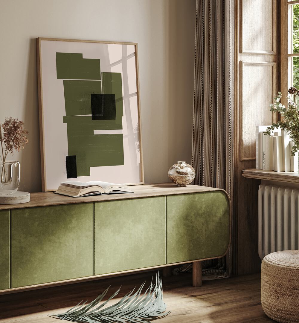 Stylish living room showcasing WATERCOLOR PAPER CUT, GEOMETRIC ART PRINTS on the wall, enhancing modern decor.