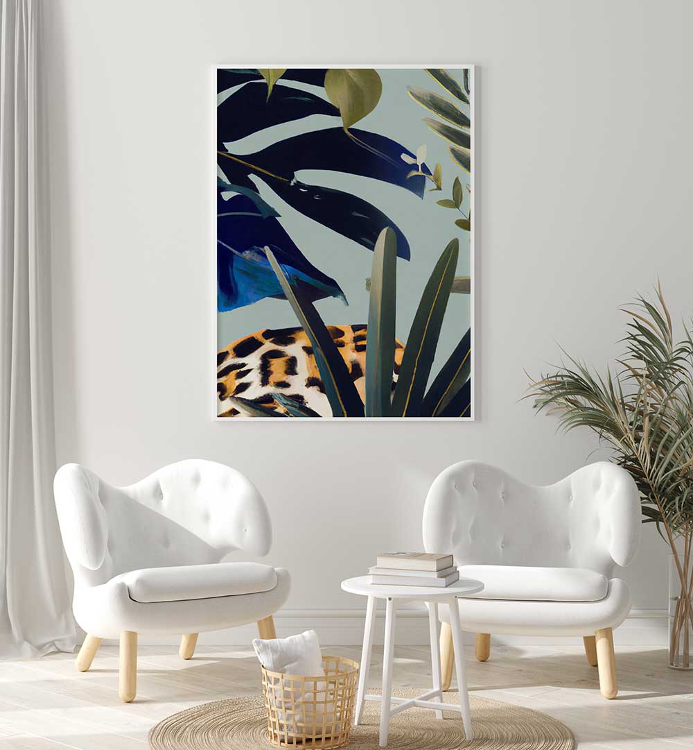 HIDDEN LEOPARD , FLORAL FLOWER PAINTINGS featuring a camouflaged leopard among tropical leaves in a modern living room setting.