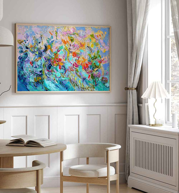 RADIANT FLORAL HARMONY , FLORAL FLOWER PAINTINGS vibrant abstract floral canvas above dining table in neutral room