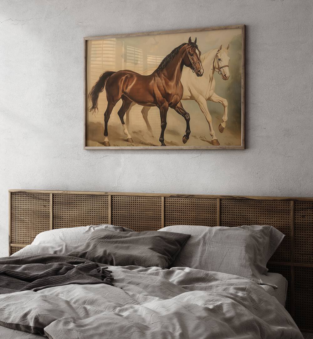 Stunning DUO HORSES GALLOPING, ANIMAL PAINTINGS artwork showcasing equine beauty in a stylish bedroom setting.