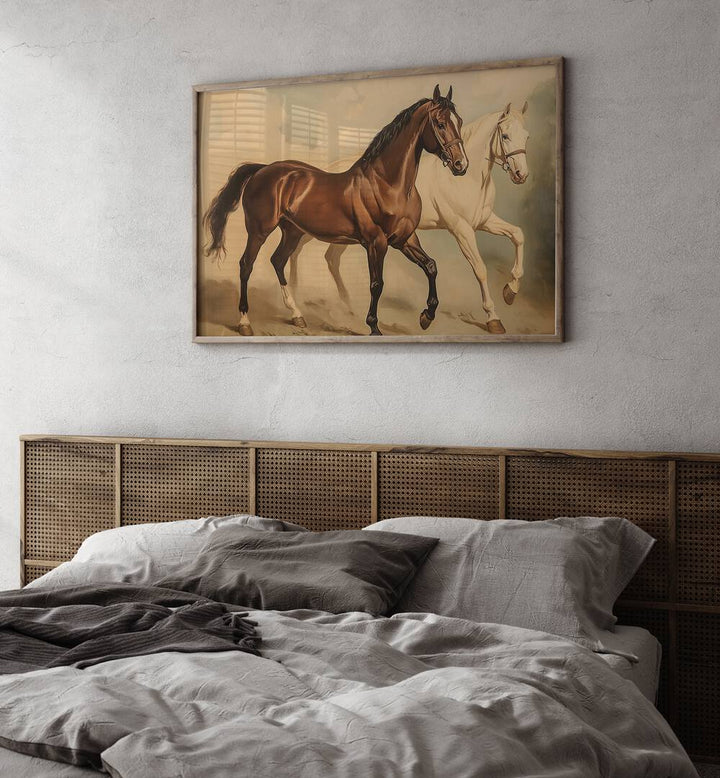 Stunning DUO HORSES GALLOPING, ANIMAL PAINTINGS artwork showcasing equine beauty in a stylish bedroom setting.