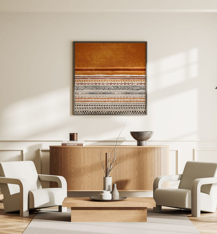Stylish interior featuring KILIM TURUNCU II, BOHO ART PAINTINGS by Emel Tunaboylu on premium canvas, enhancing the decor.