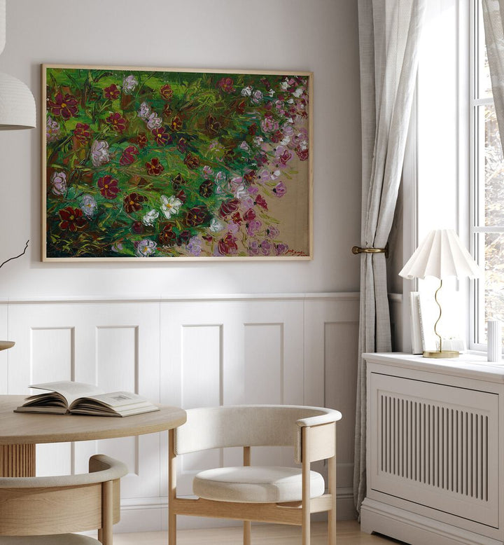 Vibrant COSMOS CANVAS, FLORAL FLOWER PAINTINGS brighten a stylish room with colorful blooms and natural elegance.
