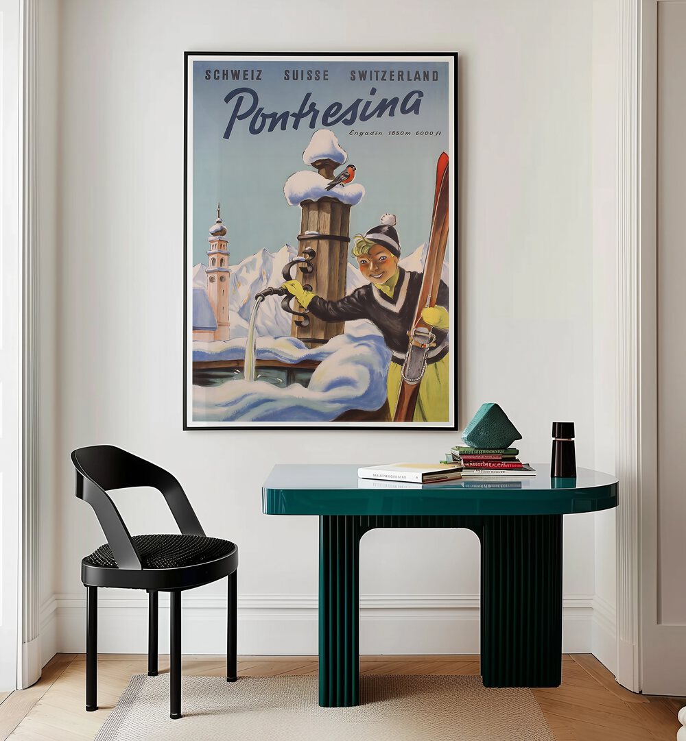 Stylish PONTRESINA, VINTAGE TRAVEL POSTERS enhance your space with timeless travel charm and breathtaking beauty.