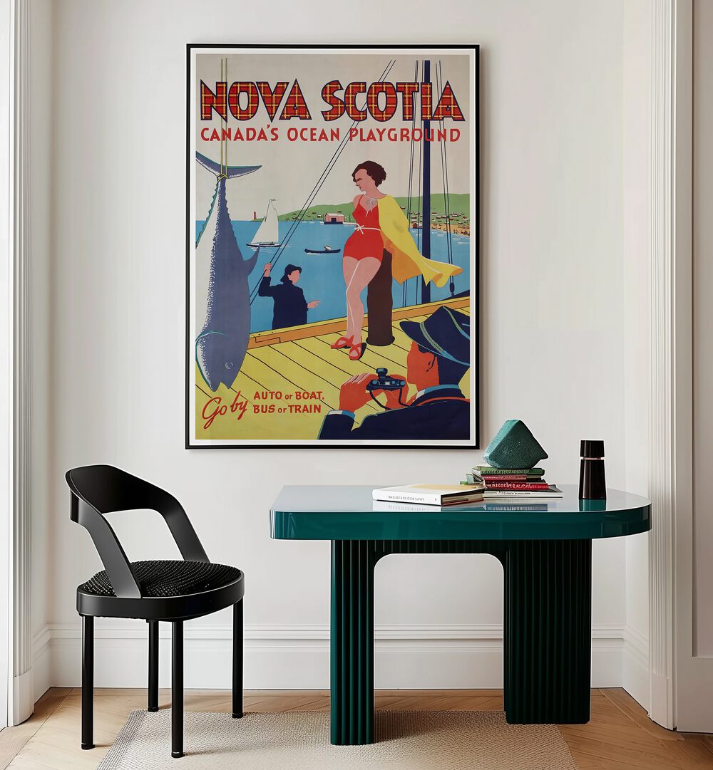 NOVA SCOTIA VINTAGE TRAVEL POSTERS adorn a stylish room, celebrating the beauty of Canada’s ocean playground.