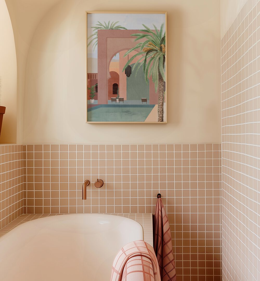 Stylish MOROCCAN POOL, BOHO ART PAINTINGS adorn a modern bathroom, enhancing its aesthetic with vibrant colors.