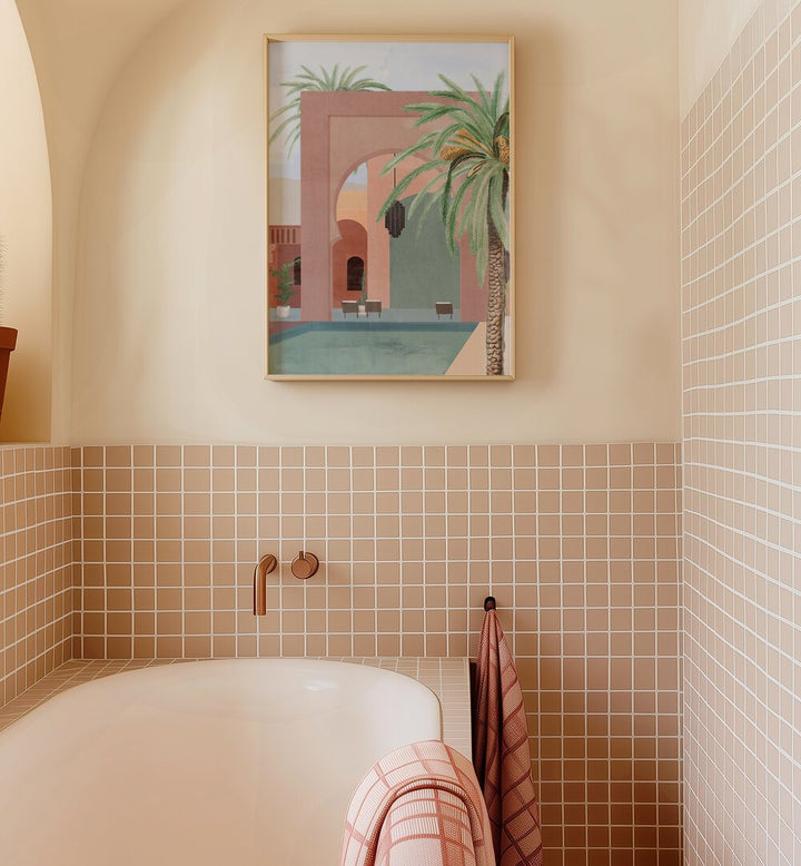 Stylish MOROCCAN POOL, BOHO ART PAINTINGS adorn a modern bathroom, enhancing its aesthetic with vibrant colors.