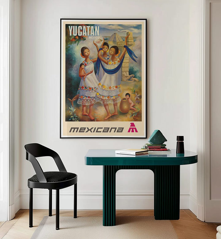 Vibrant MEXICANA YUCATAN, VINTAGE TRAVEL POSTERS adorn a stylish room, showcasing the rich culture of Mexico.