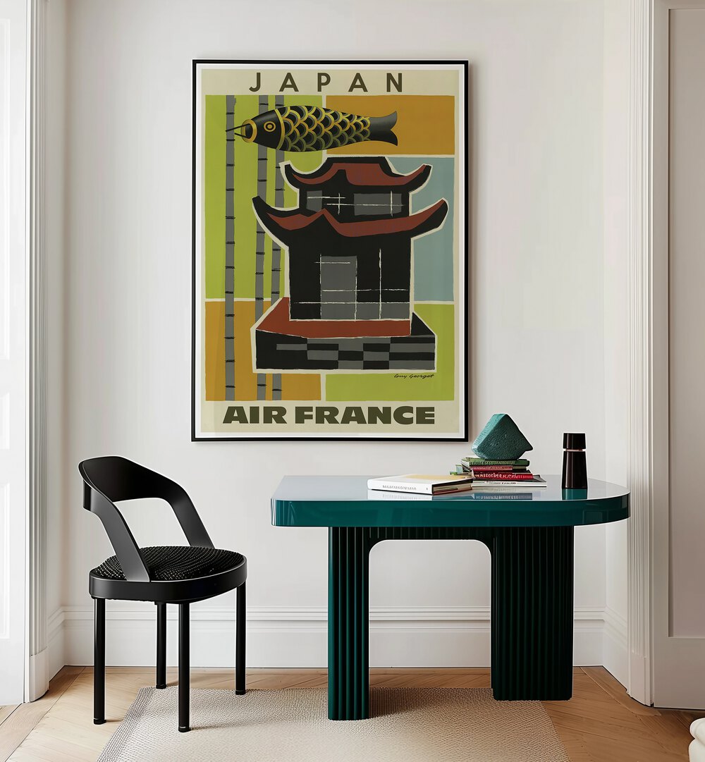 Explore JAPAN III, VINTAGE TRAVEL POSTERS showcasing a stunning design featuring a traditional pagoda and fish.