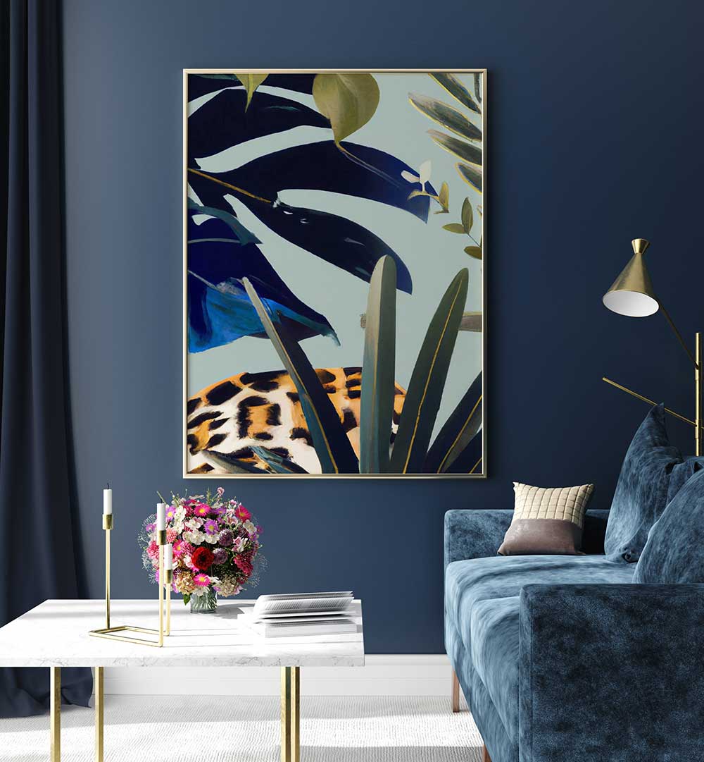 HIDDEN LEOPARD , FLORAL FLOWER PAINTINGS showcasing a hidden leopard among lush leaves and colorful flowers in modern decor.