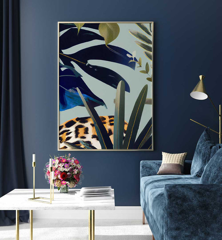 HIDDEN LEOPARD , FLORAL FLOWER PAINTINGS showcasing a hidden leopard among lush leaves and colorful flowers in modern decor.
