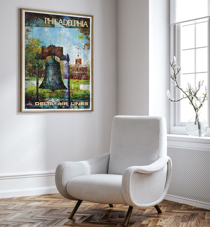 Colorful PHILADELPHIA, VINTAGE TRAVEL POSTERS featuring the Liberty Bell, perfect for home decor from Delta Air Lines.