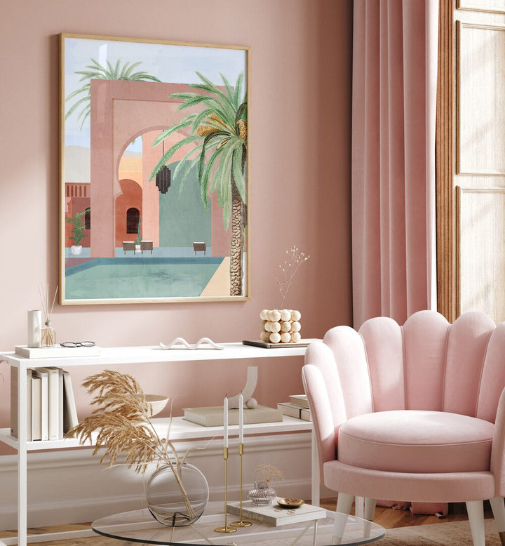Stylish living room featuring MOROCCAN POOL, BOHO ART PAINTINGS with vibrant colors and abstract design accents.
