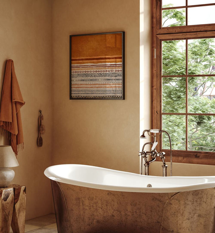 KILIM TURUNCU II, BOHO ART PAINTINGS beautifully enhances a serene bathroom with warm tones and artistic flair.