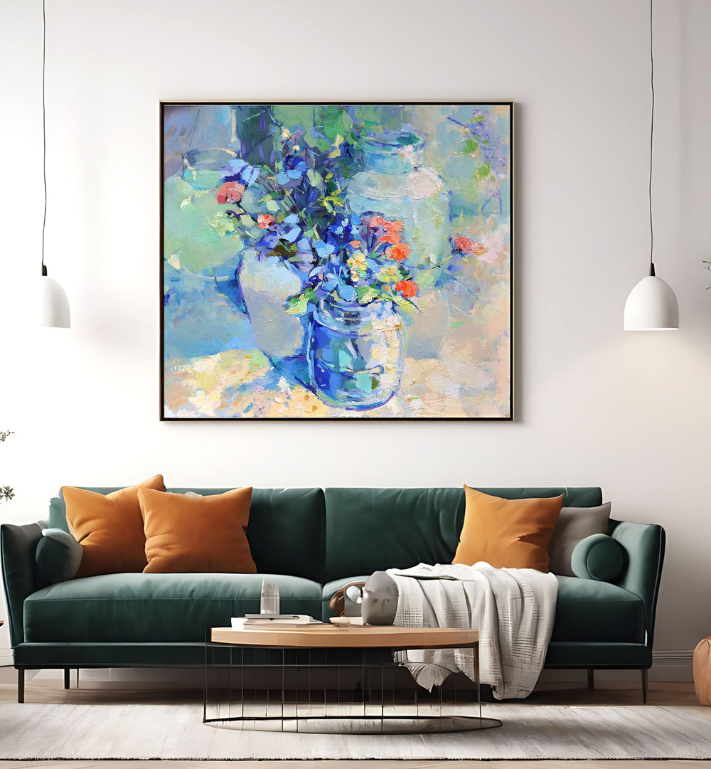 Vibrant WILD FLOWERS, FLORAL FLOWER PAINTINGS adorn a stylish living room, perfect for nature lovers’ decor.