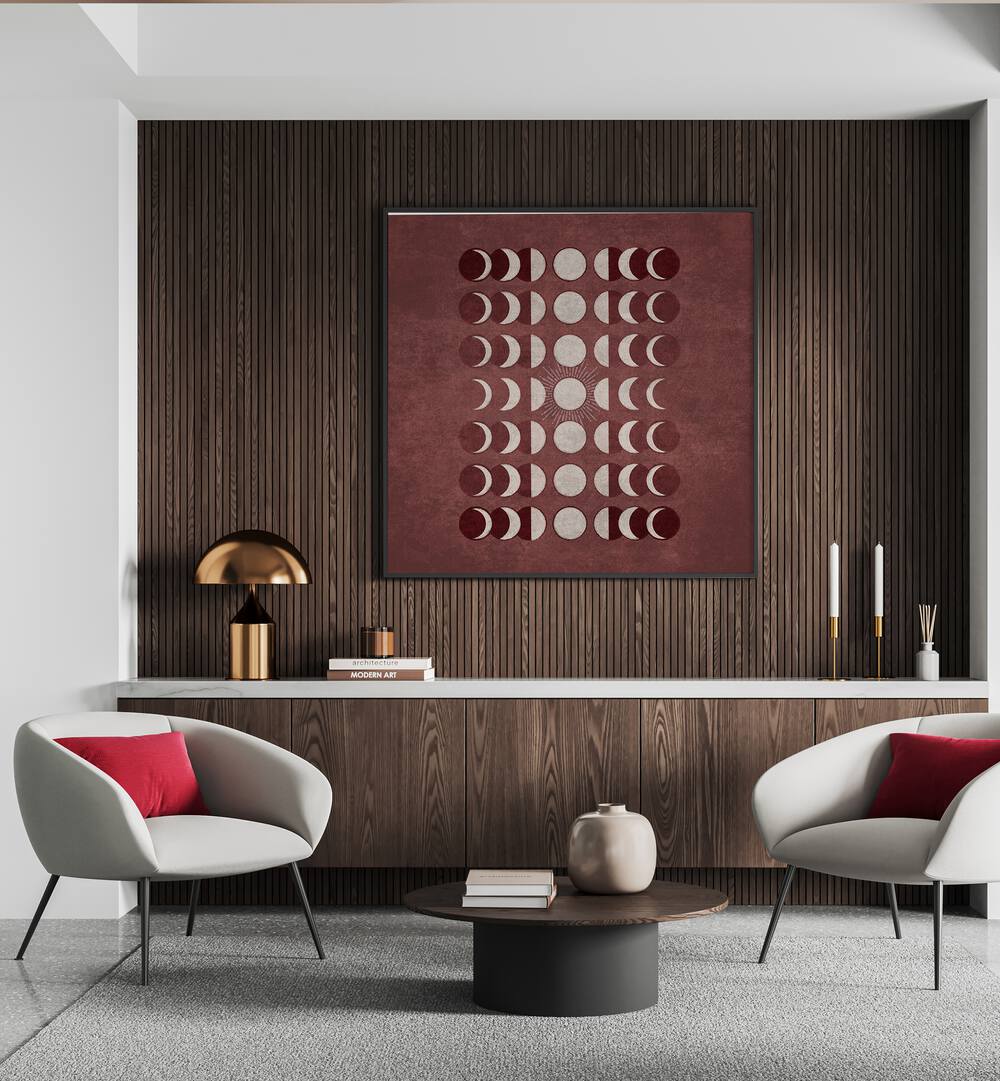 Elegant VISNE MOONS PHASES, BOHO ART PAINTINGS adorn a modern living space, enhancing its beauty and inspiration.