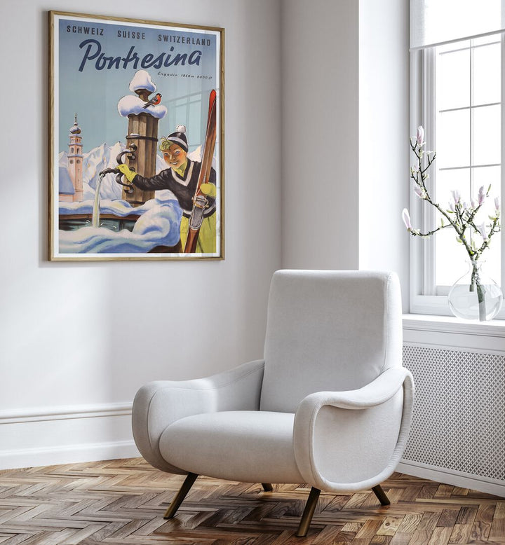 Stylish PONTRESINA, VINTAGE TRAVEL POSTERS enhance any room with nostalgic charm and Swiss beauty.