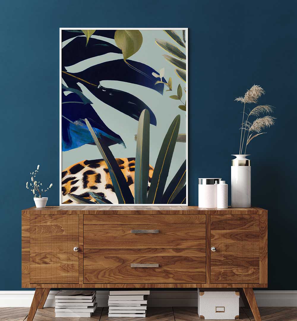 HIDDEN LEOPARD , FLORAL FLOWER PAINTINGS showcasing a hidden leopard among lush green leaves, perfect for stylish home décor.