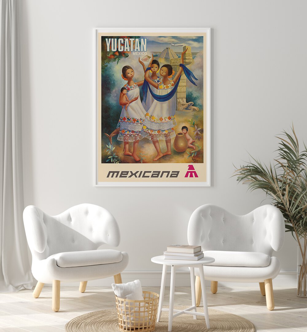 Colorful MEXICANA YUCATAN, VINTAGE TRAVEL POSTERS showcasing the vibrant culture of Mexico's Yucatan Peninsula.