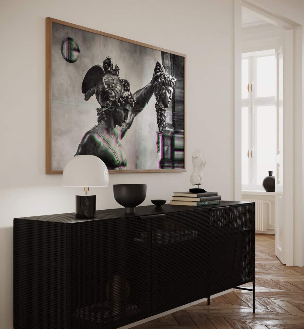 Transform your decor with PERSEUS HEAD OF MEDUSA, ALTERED ART PRINTS by Underdott, showcasing mythological artistry.