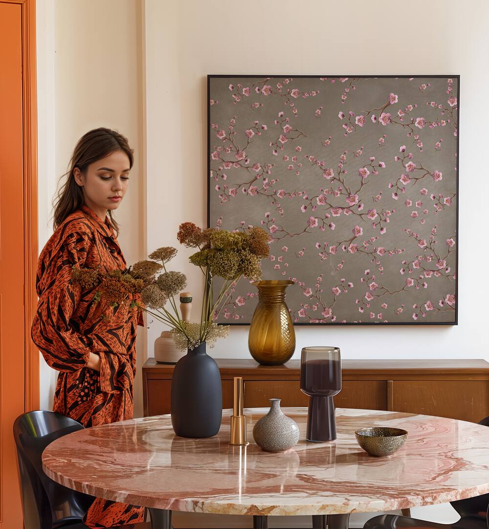 Enhance your decor with SAKURA BEIGE, FLORAL FLOWER PAINTINGS showcasing delicate floral designs in a modern setting.