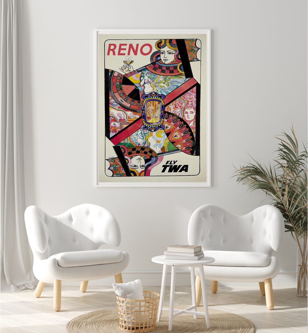 Brightly colored RENO, VINTAGE TRAVEL POSTERS decorates a modern living room, adding charm and nostalgia to any space.