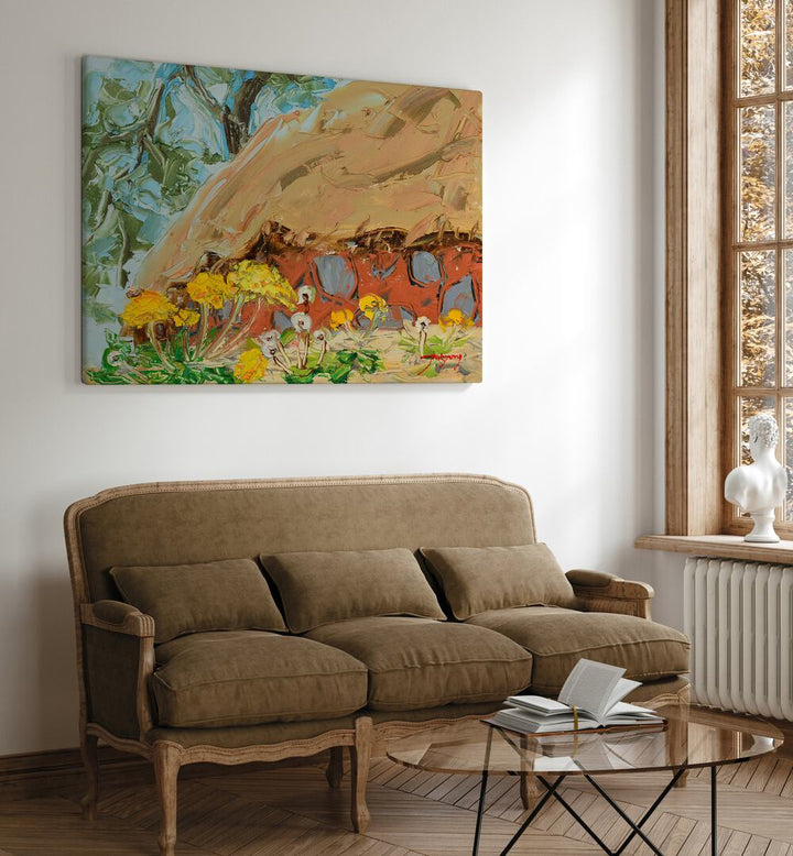 Vibrant DANDELION CANVAS, FLORAL FLOWER PAINTINGS displayed beautifully in a cozy living room setting.