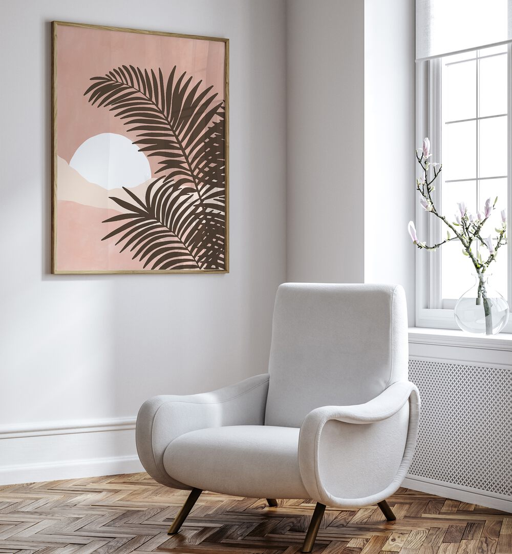 Transform your space with SERENE VIEW, BOHO ART PAINTINGS featuring tranquil palm leaves against a soft pink backdrop.