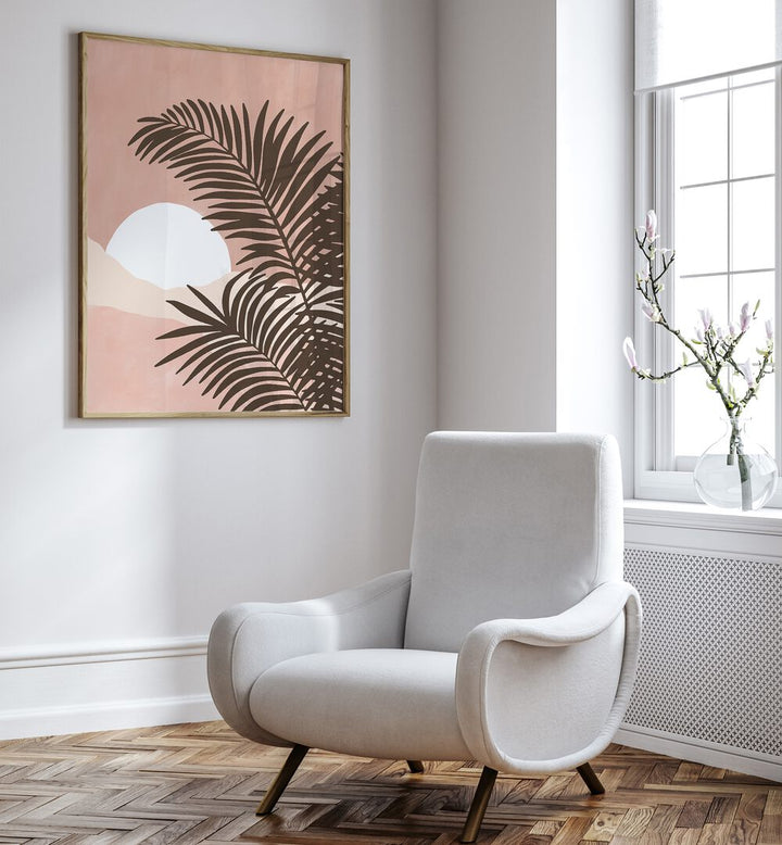 Transform your space with SERENE VIEW, BOHO ART PAINTINGS featuring tranquil palm leaves against a soft pink backdrop.