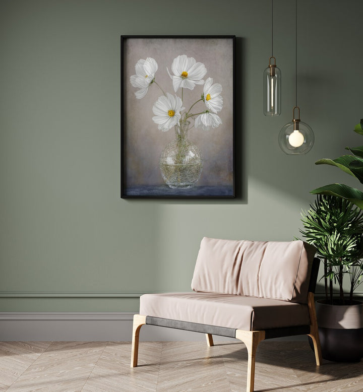 Elegant SIMPLY COSMOS, FLORAL FLOWER PAINTINGS featuring white flowers in a glass vase, perfect for stylish decor.