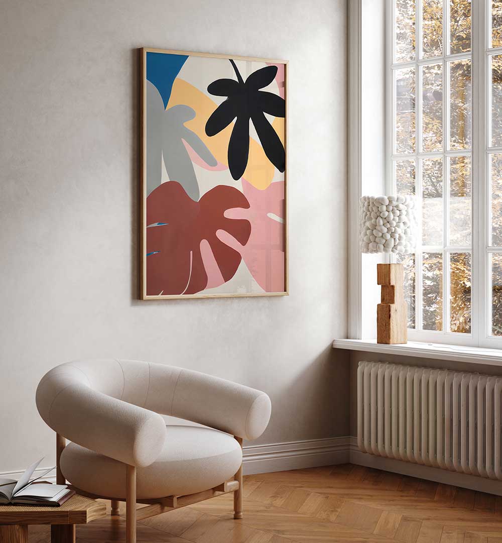 JUNGLE VIBES , FLORAL FLOWER PAINTINGS with bold abstract leaves brighten a modern living room by ModernArtCo.