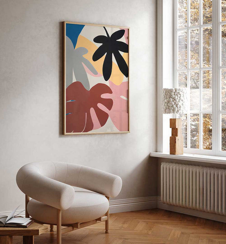 JUNGLE VIBES , FLORAL FLOWER PAINTINGS with bold abstract leaves brighten a modern living room by ModernArtCo.