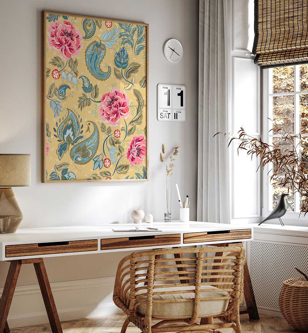 Bright and elegant PAISLEY I, PATTERN ART PRINTS enhancing a stylish workspace with floral motifs and modern design.