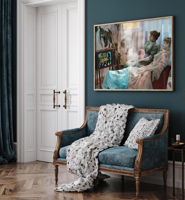 Elegant living space featuring "THE MOVIE BEGINS, ALTERED ART PRINTS" by Dikhotomy, blending art with cinematic magic.